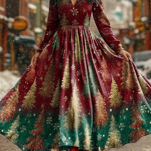 Women Christmas Spring/Fall Dress V Neck Long Sleeve A-Line Dress, Dresses, color:Red|size:5XL, catalog Noracora shop