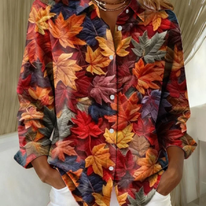 Women Maple Leaf Long Sleeve Shirt Spring/Fall Buckle Shirt Collar Regular Sleeve Daily Casual Top, JustFashionNow Shirts, color:As Picture|size:XXL,