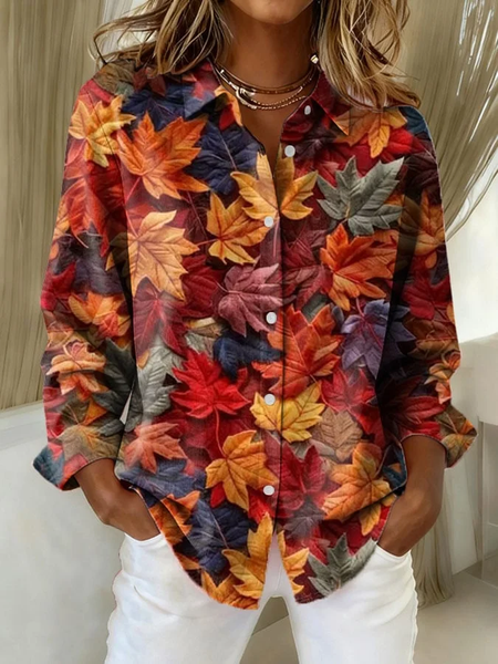 Women Maple Leaf Long Sleeve Shirt Spring/Fall Buckle Shirt Collar Regular Sleeve Daily Casual Top, JustFashionNow Shirts, color:As Picture|size:XXL,