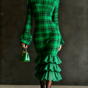 Elegant Plaid Stand Collar Midi Dress, Midi Dresses, color:Green|size:XXL, Stylewe