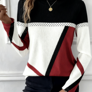 Women Striped Long Sleeve Comfy Vintage Sweater, Sweaters, color:Black-red|size:4XL, catalog Noracora shop
