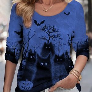 Halloween Black Cat Funny T-Shirt, JustFashionNow T-Shirts, color:Blue|size:XXL