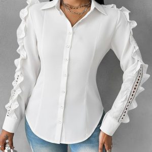 Turn-down Collar Ruffles & Hollow-out Design Long Sleeve Blouse Button Front Asymmetrical Hem Top, women Blouses & Shirts, ChicMe catalog