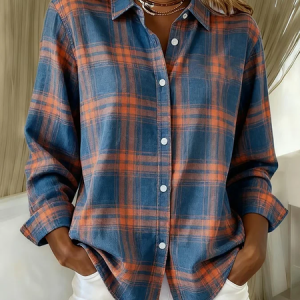 Women Plaid Long Sleeve Shirt Spring/Fall Buckle Shirt Collar Regular Sleeve Daily Casual Top, JustFashionNow Shirts, color:Blue|size:XXL,