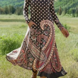 Women Floral Summer Dress Crew Neck Long Sleeve H-Line Dress, Dresses, color:As Picture|size:XL, catalog Noracora shop
