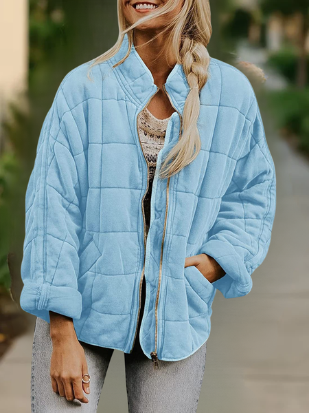 Women Spring/Fall Outerwear Casual Split Joint Plain Long Sleeve Stand Collar Jacket, JustFashionNow Jackets, color:Blue|size:XXL,