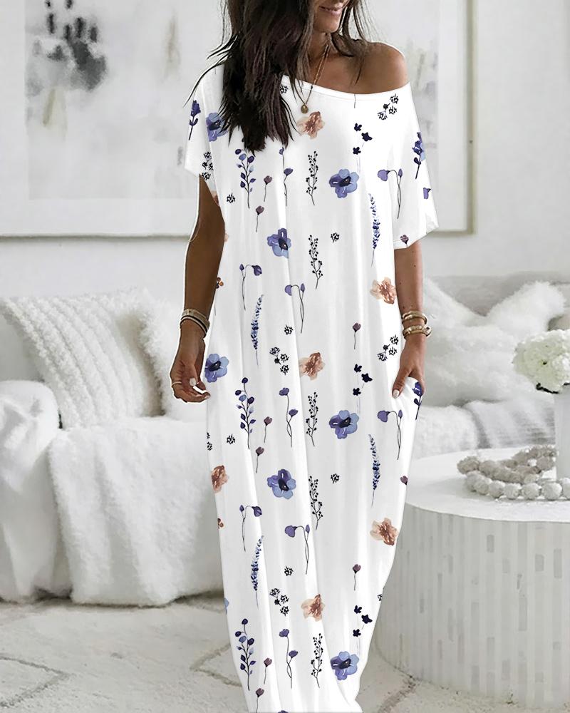 Watercolor Floral Print Skew Neck Short Sleeve Maxi Nightdress Casual Loose Fit Loungewear with Pockets, women Casual Dresses, ChicMe catalog - Image 2