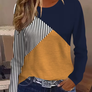 Casual Contrast Stitching Crew Neck Long Sleeve T-shirt, T-shirts, color:As Picture|size:XXL, catalog Noracora shop
