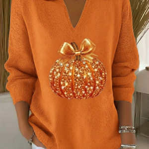 Women Halloween (pumpkin) Long Sleeve Comfy Casual Printing Sweater, Sweaters, color:Orange|size:4XL, catalog Noracora shop