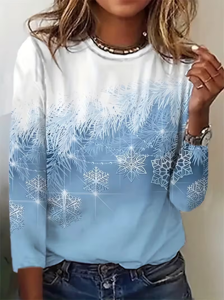 Women Christmas Long Sleeve Tee T-shirt Crew Neck Printing Casual Spring/Fall Graphic Tee Top, JustFashionNow T-Shirts, color:Blue|size:XXL,