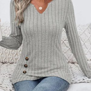Elegant Plain V Neck Long Sleeve T-shirt, T-shirts, color:Light Gray|size:XXL, catalog Noracora shop