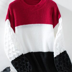 Women Cotton Color Block Long Sleeve Comfy Casual Sweater, Sweaters, color:Wine Red|size:XL, catalog Noracora shop