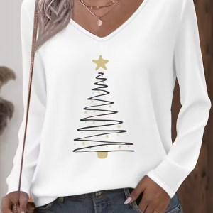 Women Christmas Long Sleeve Tee T-shirt V Neck Printing Casual Spring/Fall Graphic Tee Top, JustFashionNow T-Shirts, color:White|size:XXL,