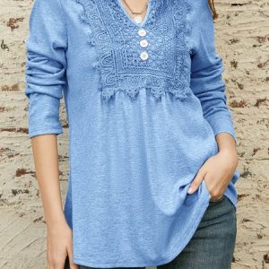 Lace Notched Casual Loose Ruched Blouse, JustFashionNow Blouses, color:Blue|size:XXL,