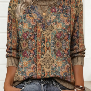 Women Geometric Long Sleeve Comfy Vintage Sweater, Sweaters, color:Brown|size:4XL, catalog Noracora shop