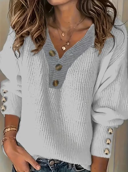 Women Plain Split Joint Winter Street Long Sleeve V Neck Sweater, JustFashionNow Sweaters, color:Gray|size:5XL,