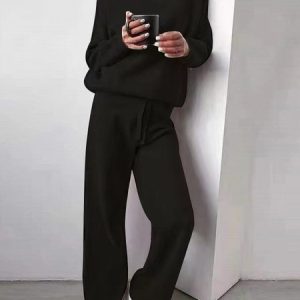 Women Plain Split Joint Two-Piece Set Daily Long Sleeve Casual Spring/Fall Top With Pants Matching Set, JustFashionNow Suit Set, color:Black|size:5XL,