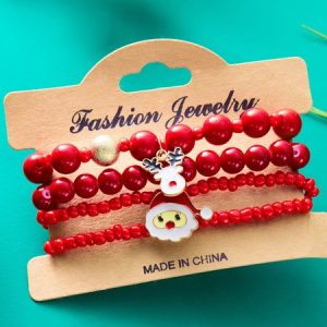 New Christmas Rice Bead Bracelet Four-pack Women's Stacking Santa Claus Snowflake Bell Elk Holiday Party Bracelet, Bracelet Set, color:Red|size:One-size, catalog Noracora shop