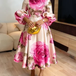 Elegant Floral Balloon Sleeve Printing Stand Collar Party Midi Dress, Maxi Dresses, color:Pink|size:XXL, Stylewe