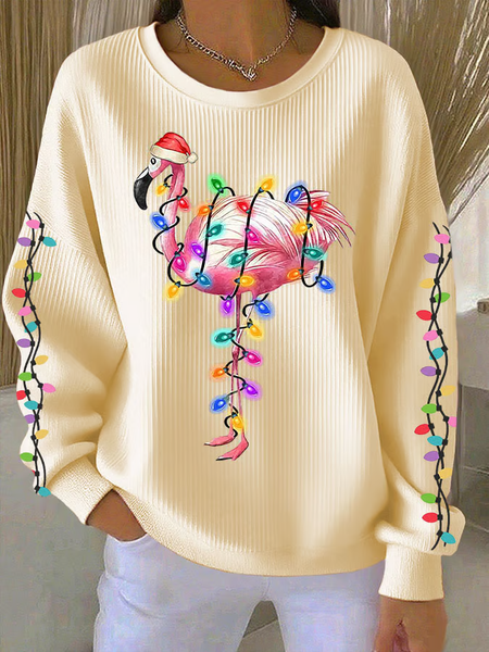 Women Flamingo Crew Neck Printing Casual Spring/Fall Long Sleeve Sweatshirt, JustFashionNow Sweatshirts & Hoodies, color:Beige|size:5XL,