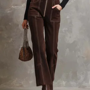 Suede Urban Plain Faux Leather Pants, Pants, color:Brown|size:XXL, Stylewe