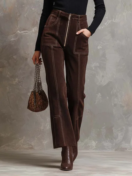 Suede Urban Plain Faux Leather Pants, Pants, color:Brown|size:XXL, Stylewe