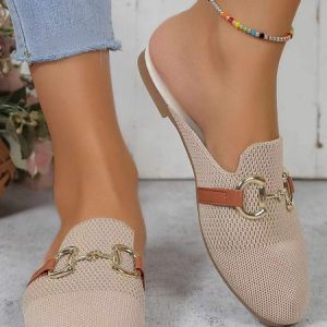 Casual Plain Slip On Flat Heel Mules, Slippers, color:Apricot|size:44, catalog Noracora shop