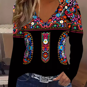 Women Floral Long Sleeve Tee T-shirt V Neck Printing Casual Spring/Fall Graphic Tee Top, JustFashionNow T-Shirts, color:Black|size:XXL
