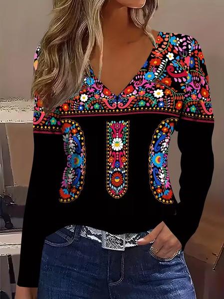 Women Floral Long Sleeve Tee T-shirt V Neck Printing Casual Spring/Fall Graphic Tee Top, JustFashionNow T-Shirts, color:Black|size:XXL