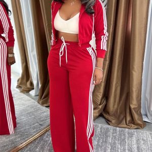 2 Pieces Outfit Zip Up Drawstring Hoodie Crop Coat and Drawstring Elastic Waist Wide Leg Pants Set Casual Contrast Side Striped Tracksuit, women Two-piece Sets, ChicMe catalog