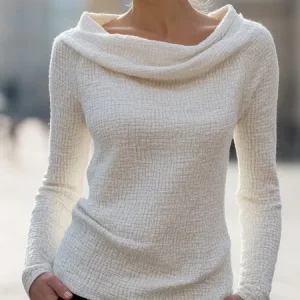 Casual Plain Cowl Neck T-shirt, Tees, color:Off White|size:XXL, Stylewe
