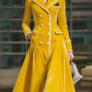 Elegant Color Block Lapel Collar Coat, Coats, color:Yellow|size:XXL, Stylewe