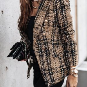 Women Color Block Spring/Fall Outerwear Vintage Printing Long Sleeve Regular Blazer, Blazers, color:Brown|size:XXL, catalog Noracora shop