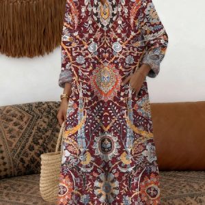 Women Geometric Spring/Fall Dress V Neck Long Sleeve A-Line Dress, Dresses, color:Color3|size:4XL, catalog Noracora shop