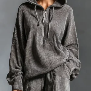 Corduroy Casual Plain Zipper Hoodie, Hoodies and Sweatshirts, color:Gray|size:XXL, Stylewe