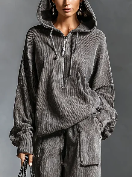 Corduroy Casual Plain Zipper Hoodie, Hoodies and Sweatshirts, color:Gray|size:XXL, Stylewe