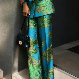 Stylewe Women Elegant High Waist Wide Leg Pants Random Print Social Spring, Pants, color:Blue|size:XS, Stylewe