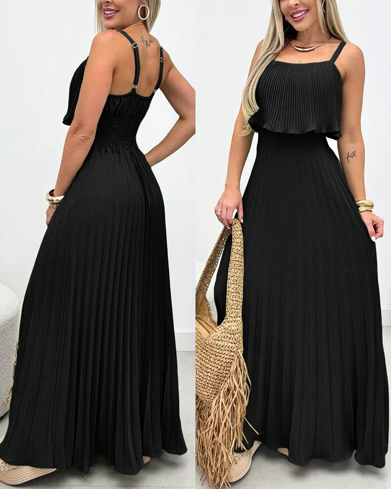 French Style Adjustable Spaghetti Straps Backless Pleated Overlay Design Cami Dress Casual Cinched Waist Shirred Back Pleated Vacation Dress, women Maxi Dresses, ChicMe catalog - Image 2