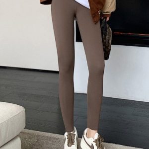 Women Plain Casual Spring/Fall Fleece Ankle Pants Leggings, Leggings, color:Coffee|size:XL, catalog Noracora shop