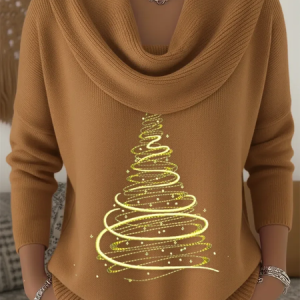 Women Christmas Printing Spring/Fall Casual Long Sleeve Cowl Neck Sweater, JustFashionNow Sweaters, color:Khaki|size:3XL,