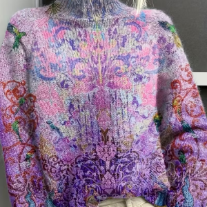 Women Floral Printing Spring/Fall Vintage Long Sleeve Turtleneck Sweater, JustFashionNow Sweaters, color:Purple|size:4XL,