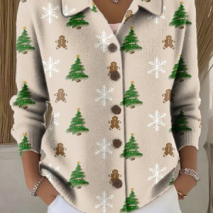 Women Christmas Printing Long Sleeve Shawl Collar Vintage Spring/Fall Cardigan Outerwear, JustFashionNow Cardigans, color:Oatmeal|size:5XL,
