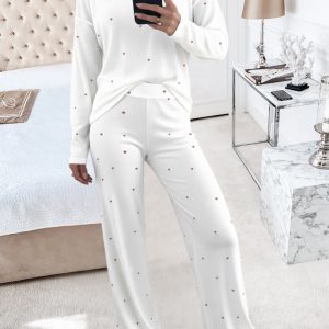 2 Piece Pajama Set Heart Print Long Sleeve Round Neck Shirt and Casual Wide Leg Pants Lounge Set, women Pajamas Sets, ChicMe catalog