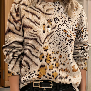 Women Leopard Long Sleeve Comfy Casual Printing Sweater, Sweaters, color:Khaki|size:5XL, catalog Noracora shop