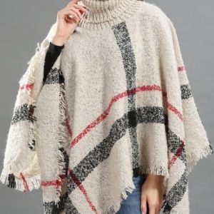 Women's Spring/Fall Outerwear Vintage Tassel Color Block Turtleneck Cape Coat, JustFashionNow Ponchos & Capes, color:Off White|size:One-size,