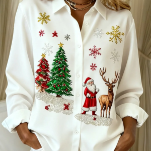 Shirt Collar Regular Sleeve Long Sleeve Santa Claus Buckle Regular Loose Button Up Shirt Shirt For Women, Shirts, color:White|size:XXL, catalog Noracora shop