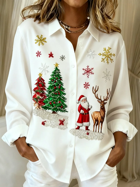 Women Santa Claus Long Sleeve Shirt Spring/Fall Buckle Shirt Collar Regular Sleeve Daily Casual Top, JustFashionNow Shirts, color:White|size:XXL,