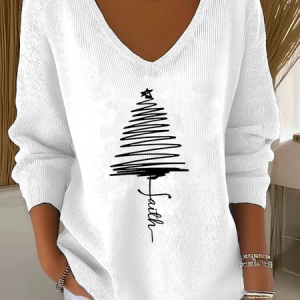 Women Christmas Long Sleeve Tee T-shirt V Neck Printing Casual Spring/Fall Top, JustFashionNow T-Shirts, color:White|size:4XL,