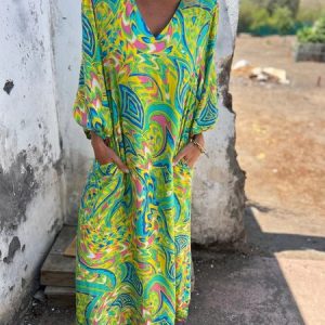 Women Floral Long Sleeve Spring/Fall Printing Dress V Neck Balloon Sleeve Daily Vintage Maxi T-Shirt Dress A-Line Dress, JustFashionNow Dresses, color:Floral-yellow green|size:3XL,