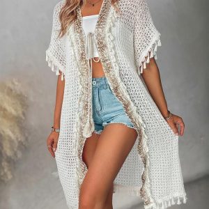 Boho Tassel Decor Tie Front Hollow-out Breathable Coat Casual Contrast Embroidery Paneled Mid-length Cover Up, women Cover Ups, ChicMe catalog